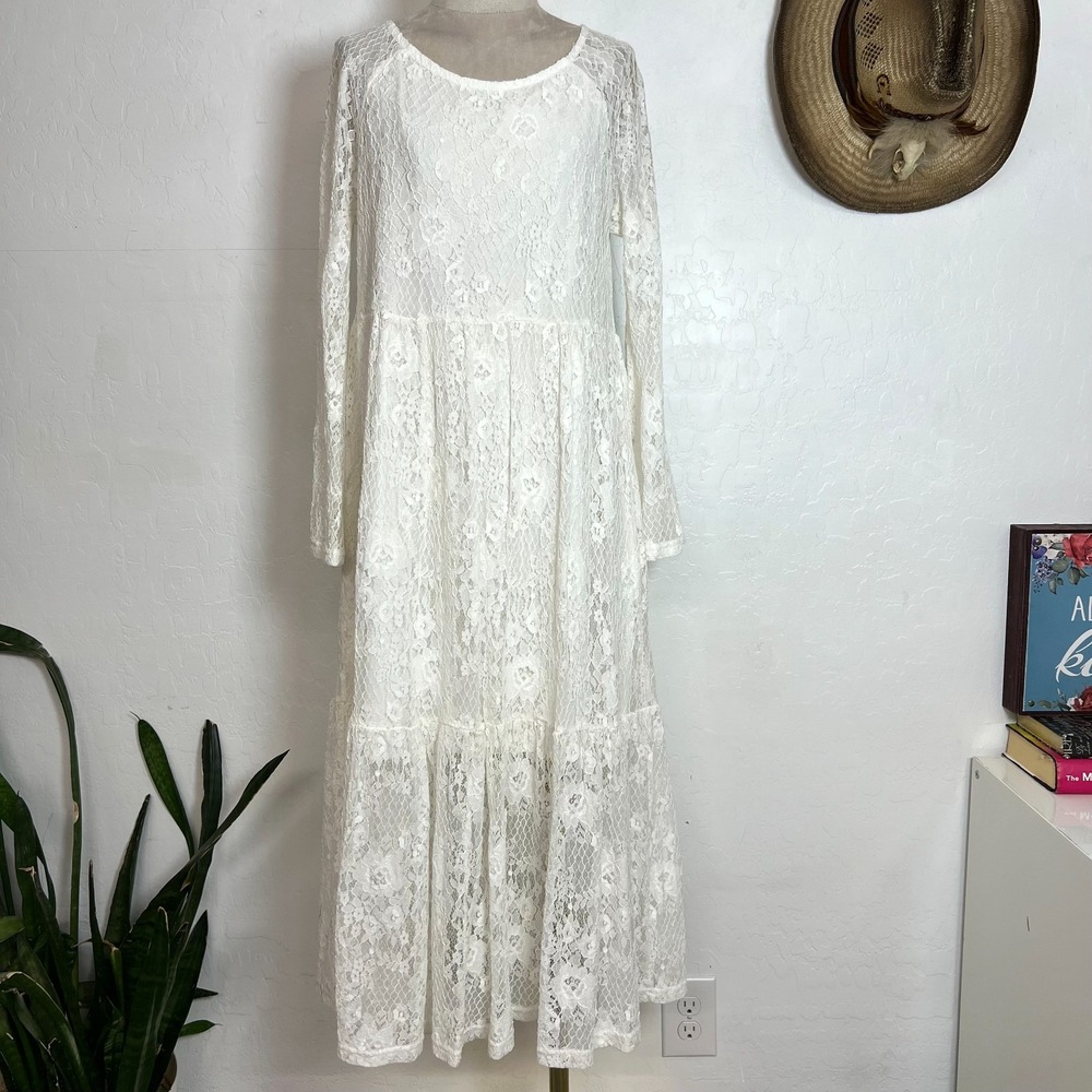 TICOSA White Lace Tiered Maxi Dress Sz S Long Sleeve Boho Bridal Shower Feminine